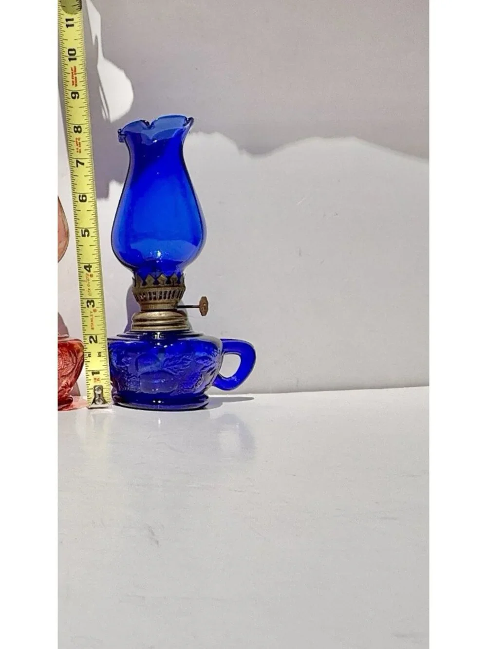Vintage Cobalt Blue Glass Finger Oil Lamp Fruit Base & Ruffled Chimney Hong Kong